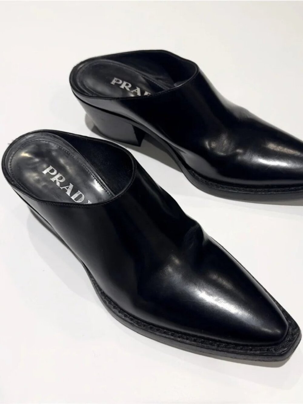 $1350 Prada Chunky Heel Pointed Toe Mules Black Leather Logo Size 37.5